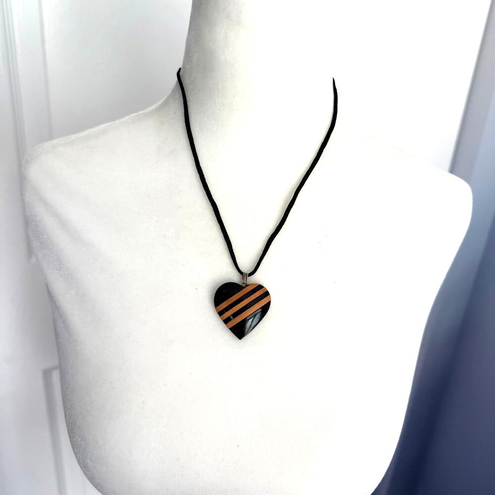 Striped Black Heart Pendant Necklace